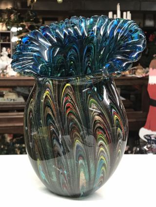 Vintage Murano Italian Art Glass Vase Dino Martens Gold Fleck Pulled Feather 3