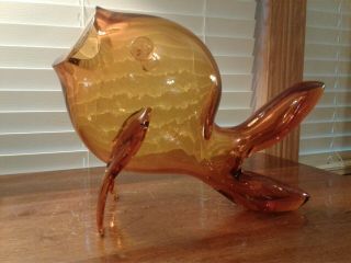 Vintage Blenko Mid Century Art Glass Amber Fish Vase/sculpture