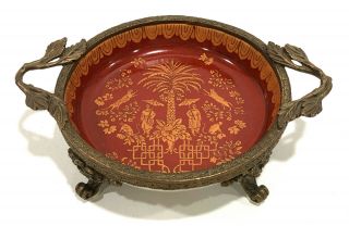 Wong Lee Wl1895 Porcelain China Red Bowl Bronze Handle Footed Plate Monkey Cat