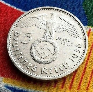 1936 E 5 Mark German Ww2 Silver Coin Third Reich Swastika Reichsmark