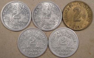France 5 Different Ww2 Two Francs 1943 - 44 Mid Grade - Au,  As Pictured