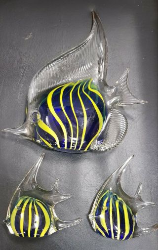 Vintage Murano art glass angel fish,  clear,  blue,  yellow - set of three 2