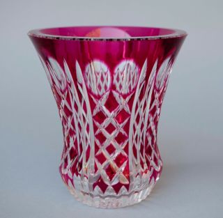 Rare Signed Val St Lambert Cranberry Cut To Clear Crystal 6 " Vase Belgium