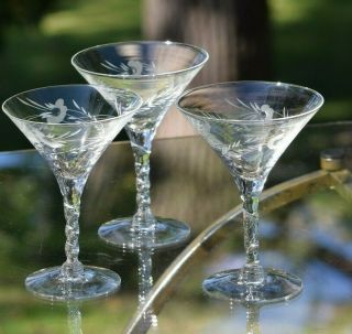 Vintage Etched Cocktail Glasses,  Set Of 6,  Twisted Stem Martini Glasses