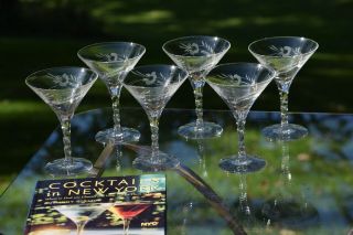 Vintage Etched Cocktail Glasses,  Set of 6,  Twisted Stem Martini Glasses 2