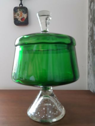Vintage Murano Emerald Green & Controlled Bubble Glass Lidded Bon Bon Sweet Dish