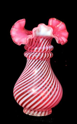 Vintage Fenton Ruffled Ring - Necked Cranberry Opalescent Optic Swirl Vase 6 "