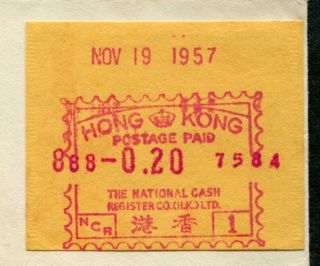 1957 Hong Kong Unusual?? 20c Postage Paid Label on cover to GB UK 2
