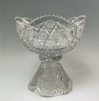Antique American Brilliant Period Cut Glass Punch Bowl On Stand