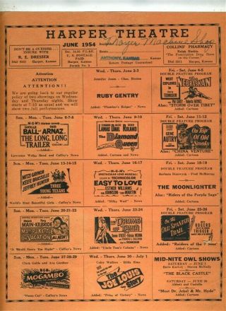 Harper Theatre Movie Poster 1954 Kansas Lucille Ball Roy Rogers Clark Gable