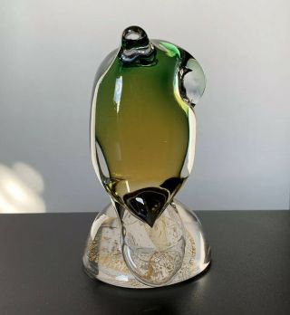 ALFREDO BARBINI MURANO ART GLASS SOMMERSO OWL PAPERWEIGHT 4.  5” GREEN URANIUM 3