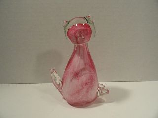 Vintage Hand Blown Studio Art Glass Pink Cat / Kitten Figurine / Paperweight