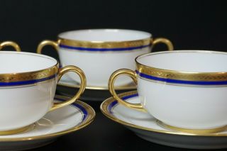 Vignaud Limoges The Seville Cobalt Gold Trim Set Of 4 Cream Soup Bowls & Plates