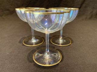 Moser/ Lobmeyr Iridescent Gold Rimmed Quatrefoil Wine Glass Goblets 4 5/8 " Set 3