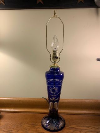 Vintage Bohemian Czech Cobalt Blue Cut To Clear Glass Crystal Table Lamp