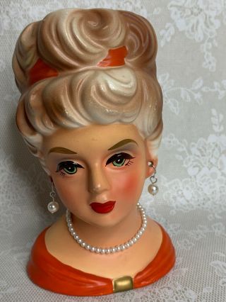 Vintage Head Vase Rubens Japan Lady Hat Pearls 803c 4103 5.  75”