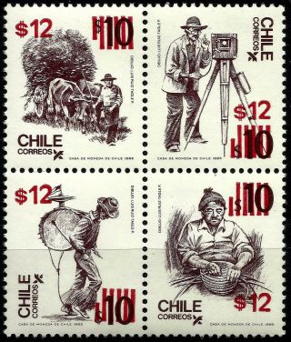 Chile,  Chilean Typical Crafts,  Overprinted,  Mnh,  Year 1985,  Mnh,  Block Of 4