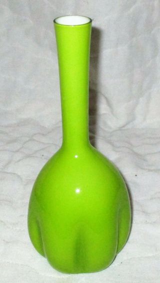 Handblown Vintage Lime Chartreuse Green Glass White Inner Cased Vase Mid Century