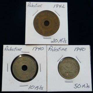 2 British Palestine Coins: 1940 10 Mils,  1942 20 Mils & 1940 50 Mils