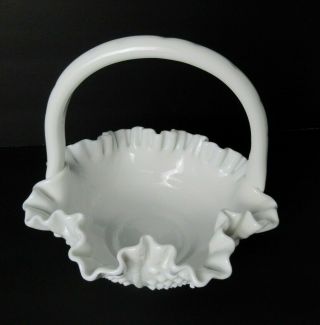 Vintage Fenton White Hobnail Ruffled Edge Basket Bowl Crimp Handle Milk Glass