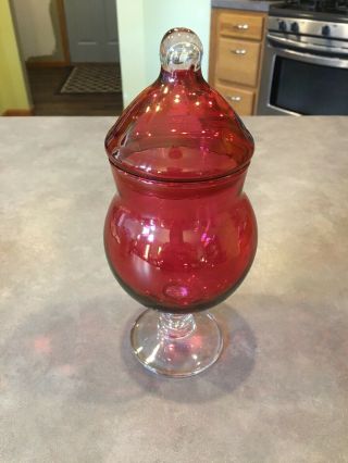 Vintage Italian Empoli Cranberry Glass Apothecary Jar Candy Dish Lid Pedestal