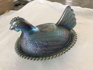 Vintage Indiana Glass Hen On A Nest Iridescent Blue Carnival Candy Dish