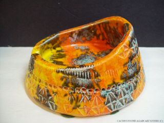 Mid - Century Modern Italy Bitossi Incised Orange Ceramic Bowl Ashtray Vtg Mcm