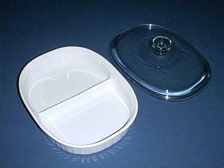 Corning Ware 1.  8 L Oval Divided Baking Dish F - 6 - B & Clear Glass Lid French White