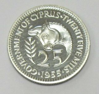 1955 Cyprus 25 Mils Proof Low Mintage Copper - Nickel Coin Qeii Km 35