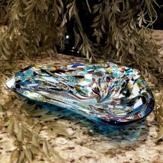 Vintage Murano Art Glass Cobalt Blue Silver Gold & Copper Spotted Candy Dish 3