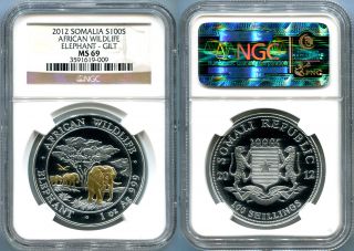 2012 Somalia 1 Oz.  Silver 100 Shillings Elephant Gold Gilt Ngc Ms69