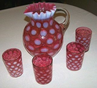 Vintage Fenton Pink Cranberry Coin Dot Pitcher With Ruffled Top And 4 Glasses