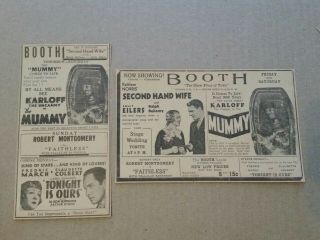 1933 Boris Karloff In The Mummy Movie Newspaper Ads