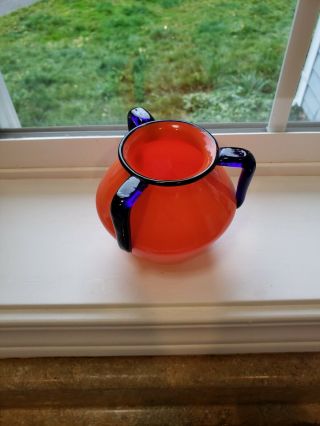 Old Czech Czechoslovakia Powlony Loetz Red With 3 Handles Art Glass Vase