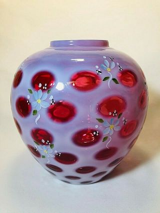 Rare Fenton Cranberry Opalescent Coin Dot Hand Painted Vase