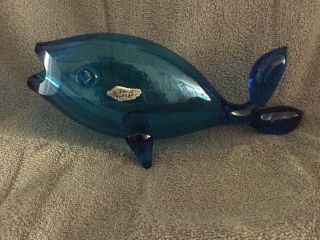 Vintage Blenko Glass 12 " Turquoise Blue Fish Vase Winslow Anderson Design