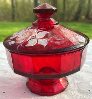 1980 Fenton Hand Painted Pink Floral Ruby Red Glass Lidded 4 " Candy Dish,  Signed