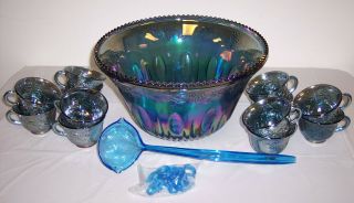 Vintage Indiana Carnival Glass Punch Bowl/cups/hooks/ladle Iridescent Blue