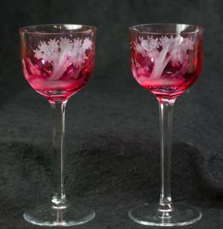 Vintage Moser Cut Glass Tall Wine Goblets Etched Cranberry Set Of 2 Pre Owned