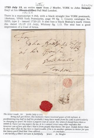 1723 Tiny York Pmk On Letter London Bishopmark John Bempde - Child & Co Bank?