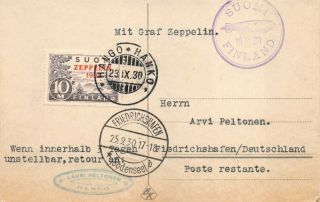 1930 Finland C1 On Graf Zeppelin Postcard; Bodensee Mark Sept.  23,  1930