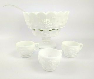 Westmoreland Paneled Grape White Milk Glass Punch Bowl 17 Cups Vintage