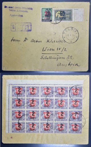 Lithuania To Austria 1923 Provs On Very Rare Reg Cover Telsiai To Wien,  Lietuva
