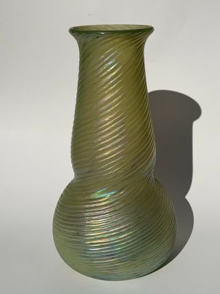 11 Inch Irridescent Spiral Rib Decorated Loetz Style Vase