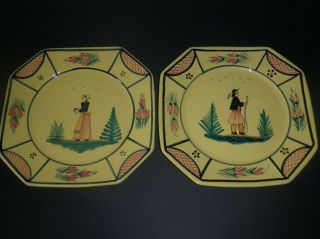 2 Hb Quimper Soleil 10 " Plates - Breton Man & Woman - 1 Back Chip