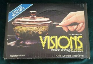 Vintage 1984 Corning Glass Amber Visions 1 Pint Covered Saucepan Nib