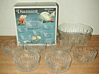 Vintage Arcoroc Diamant France Imported 7 - Piece Tempered Glass Salad Bowl Set