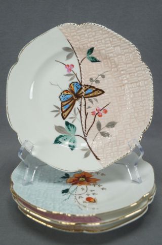 4 German Aesthetic Period Hand Painted Floral & Butterflies Basketweave Plates 2