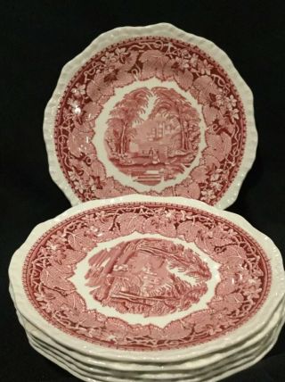 Set Of 6 Vintage Masons Pink Vista 8” Plates E2