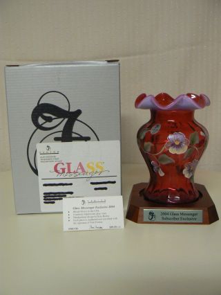 Fenton Glass Vase W/ Stand Opalescent Cranberry Signed By Tom Fenton F5958 Vh